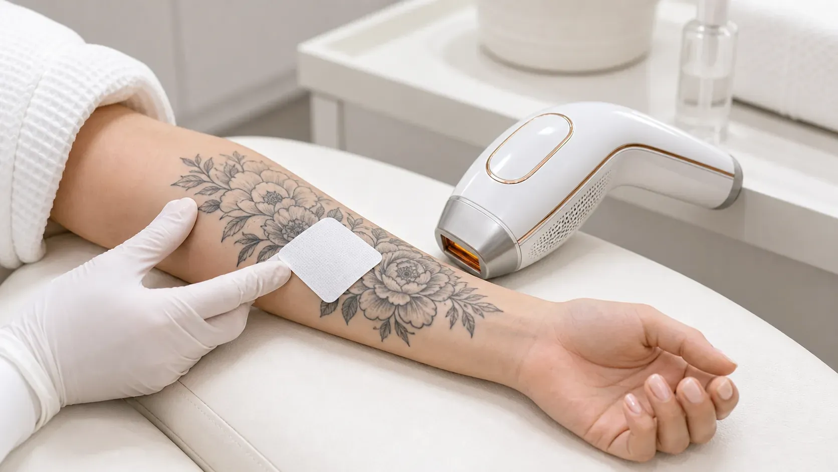Plasture de protecție aplicat peste un tatuaj floral pe antebraț, cu aparatul de epilare oprit alături