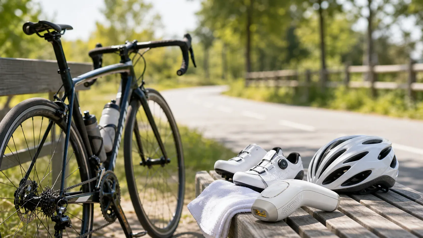 Bicicletă de șosea sprijinită de un gard de lemn, iar pe o bancă alături pantofi de ciclism albi, o cască, un prosop și un aparat IPL de epilare